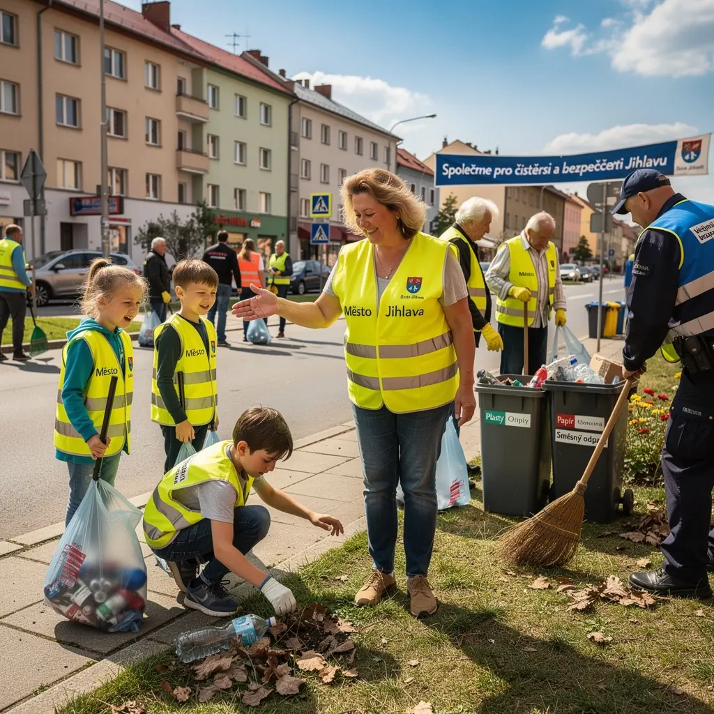 Obrázek skupiny dobrovolníků při úklidu po nehodě.