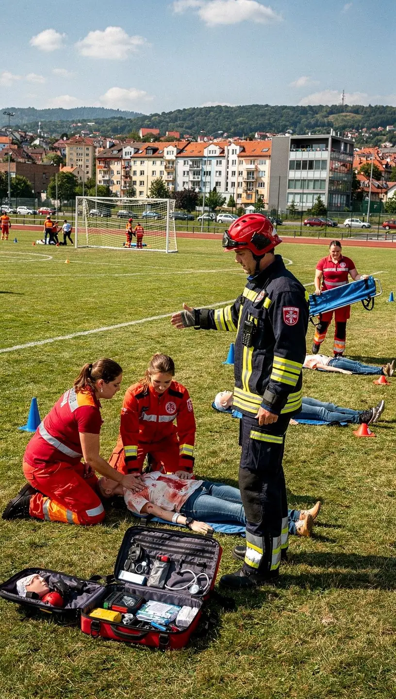 Policista provádějící kontrolu bezpečnosti na veřejném místě.