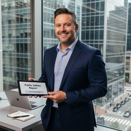 Ilustrace policisty, který informuje občany o bezpečnostních opatřeních v místní komunitě.